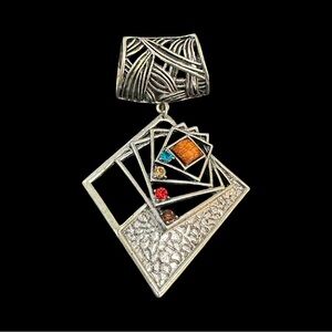 Artistic Silver Tone Scarf Pendant with Multicolor Accents